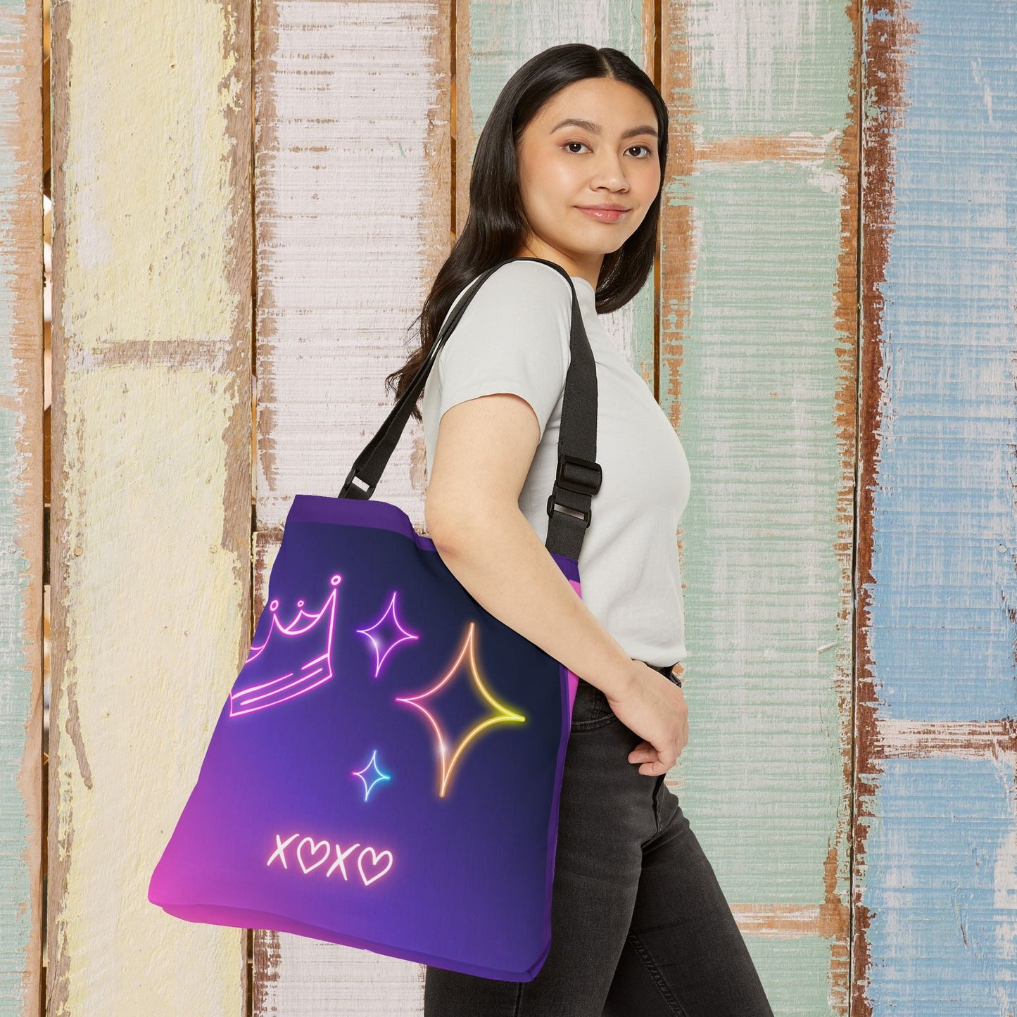 Neon Aesthetic Graphic Adjustable Tote Bag | Vaporwave Crown Stars Love Icons Printify