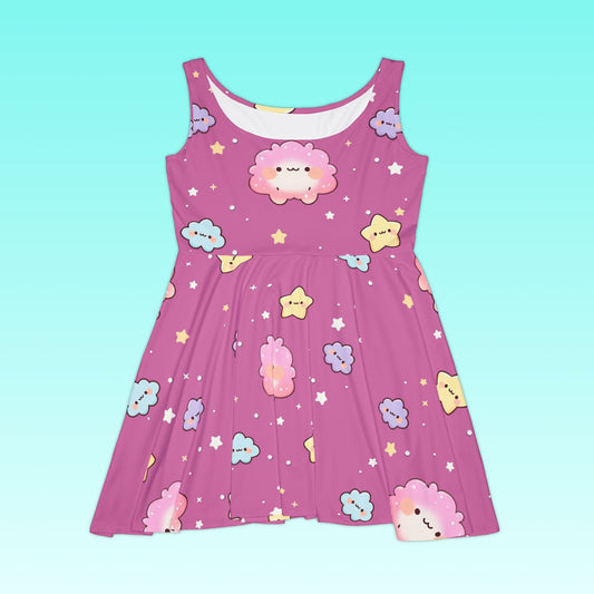 Kawaii Cloud and Stars Pink Skater Dress Printify
