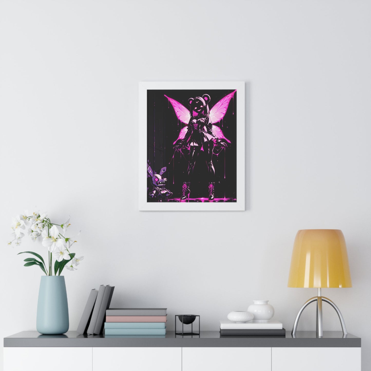 Framed Poster, Neon Pink Fairy Girl Art Print, Dark Vaporwave Wall Decor Printify