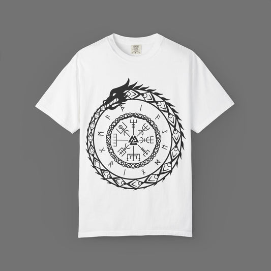Viking Ouroboros Rune T-Shirt, Norse Valknut & Vegvisir Symbol Tee Printify