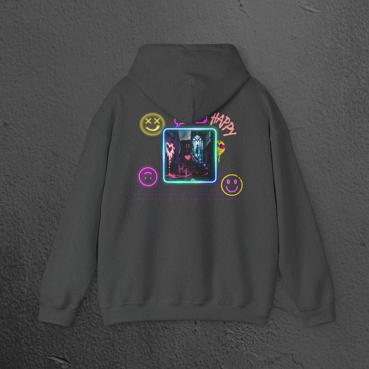 Neon Smiley Face Collage Hoodie Printify