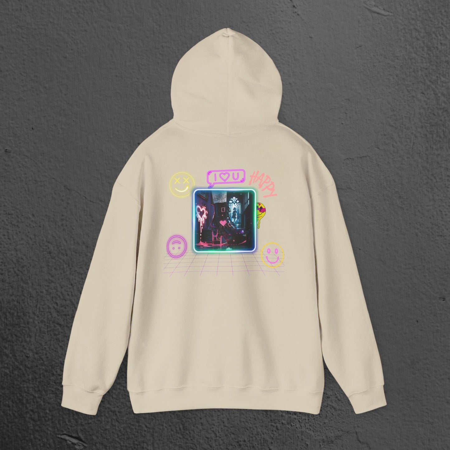 Neon Smiley Face Collage Hoodie Printify