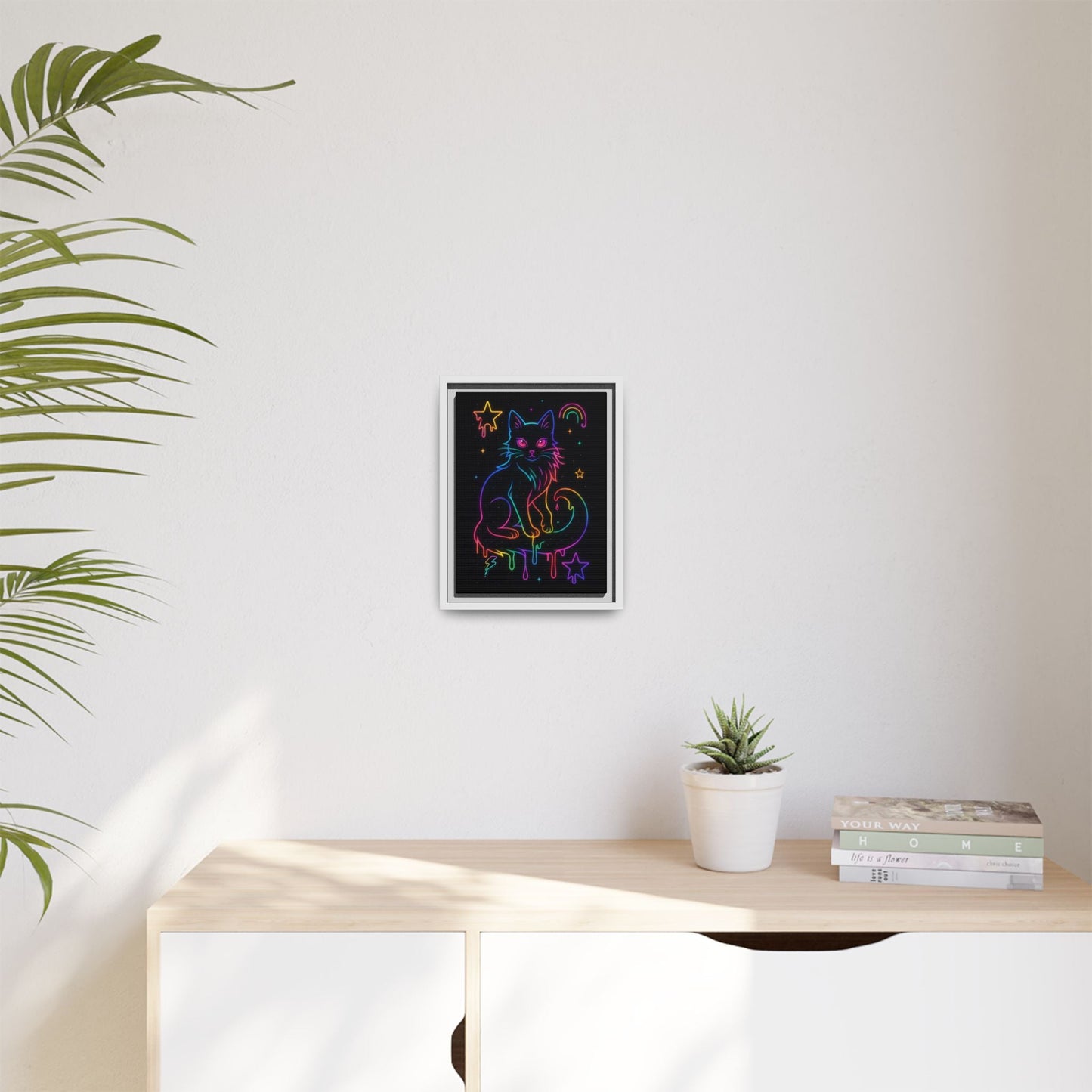Neon Rainbow Cat Matte Canvas Framed | Dripping Stars Wall Art Printify