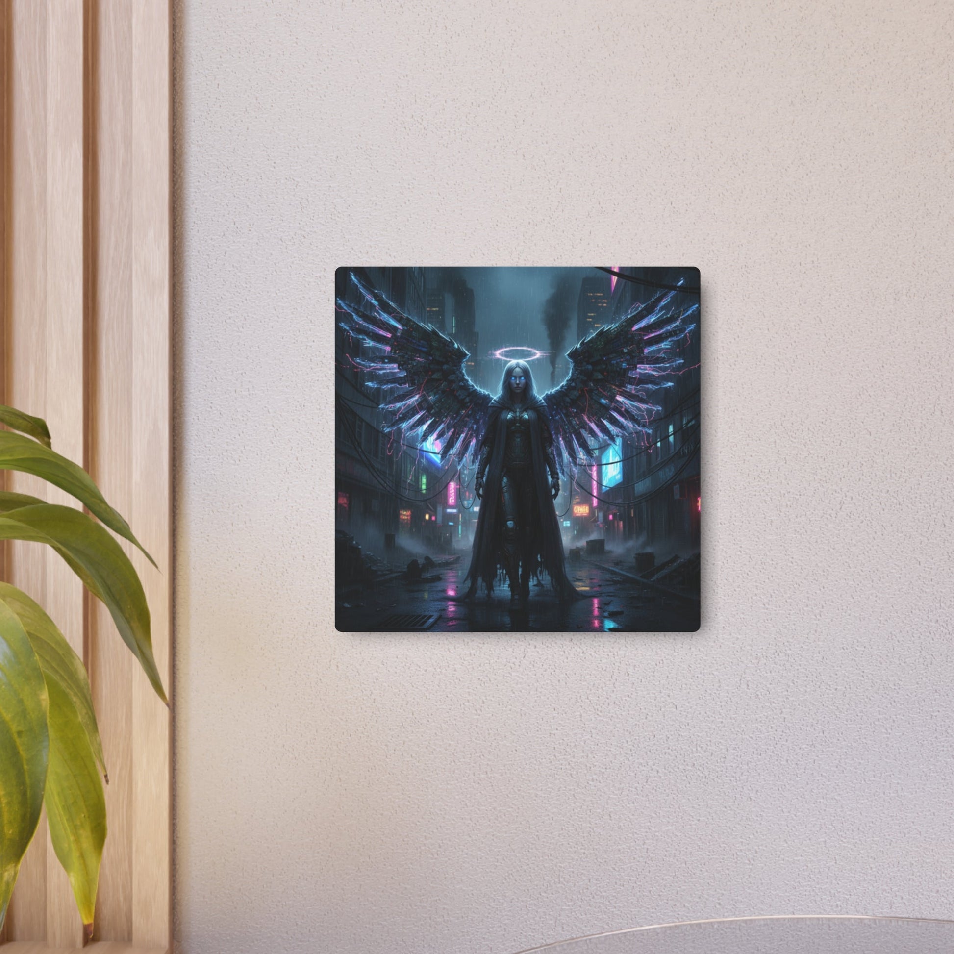 Neon Fallen Angel Metal Art Sign | Cyberpunk Winged Figure Printify