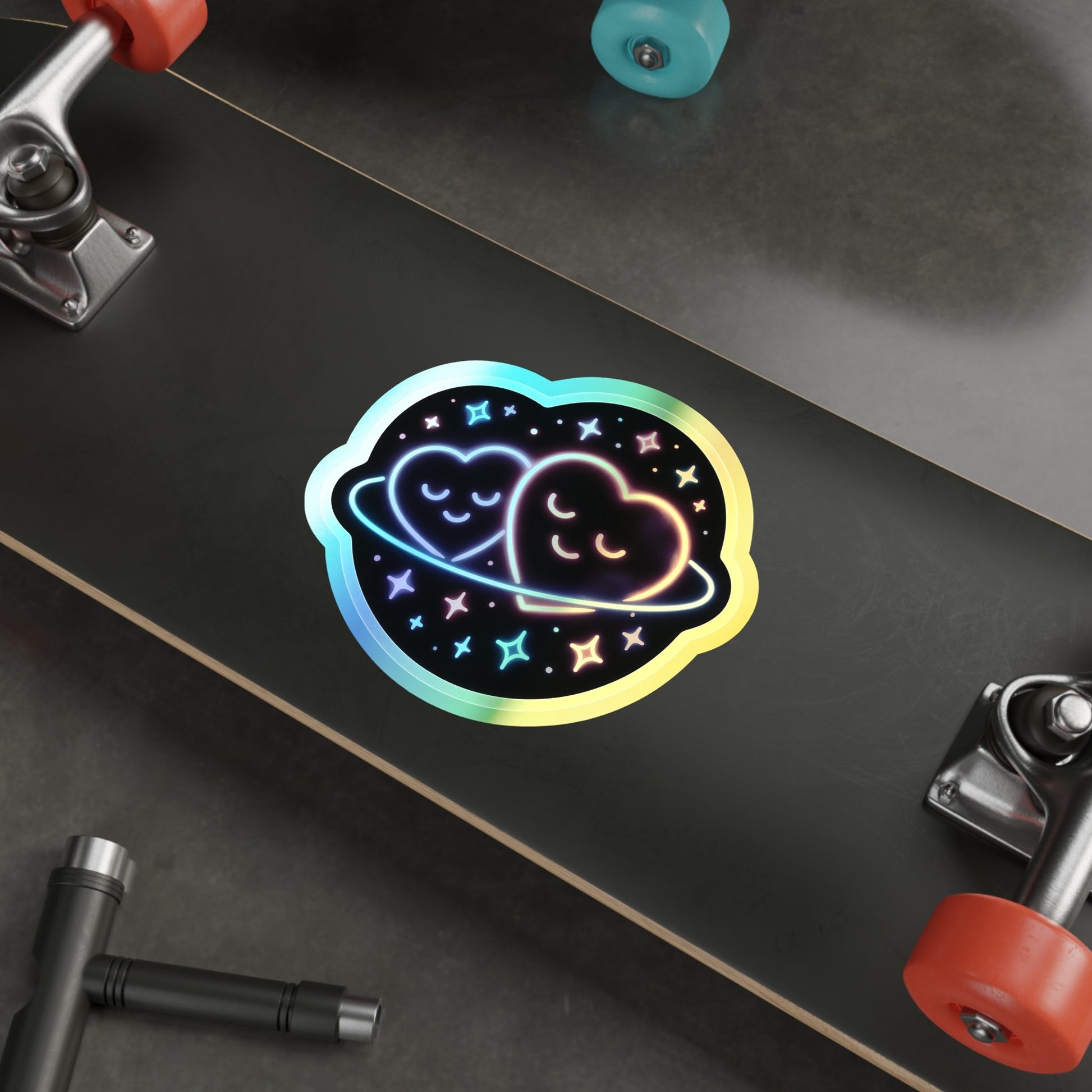 Holographic Heart Planet Die-Cut Sticker, Cute Space Neon Vinyl Sticker Printify
