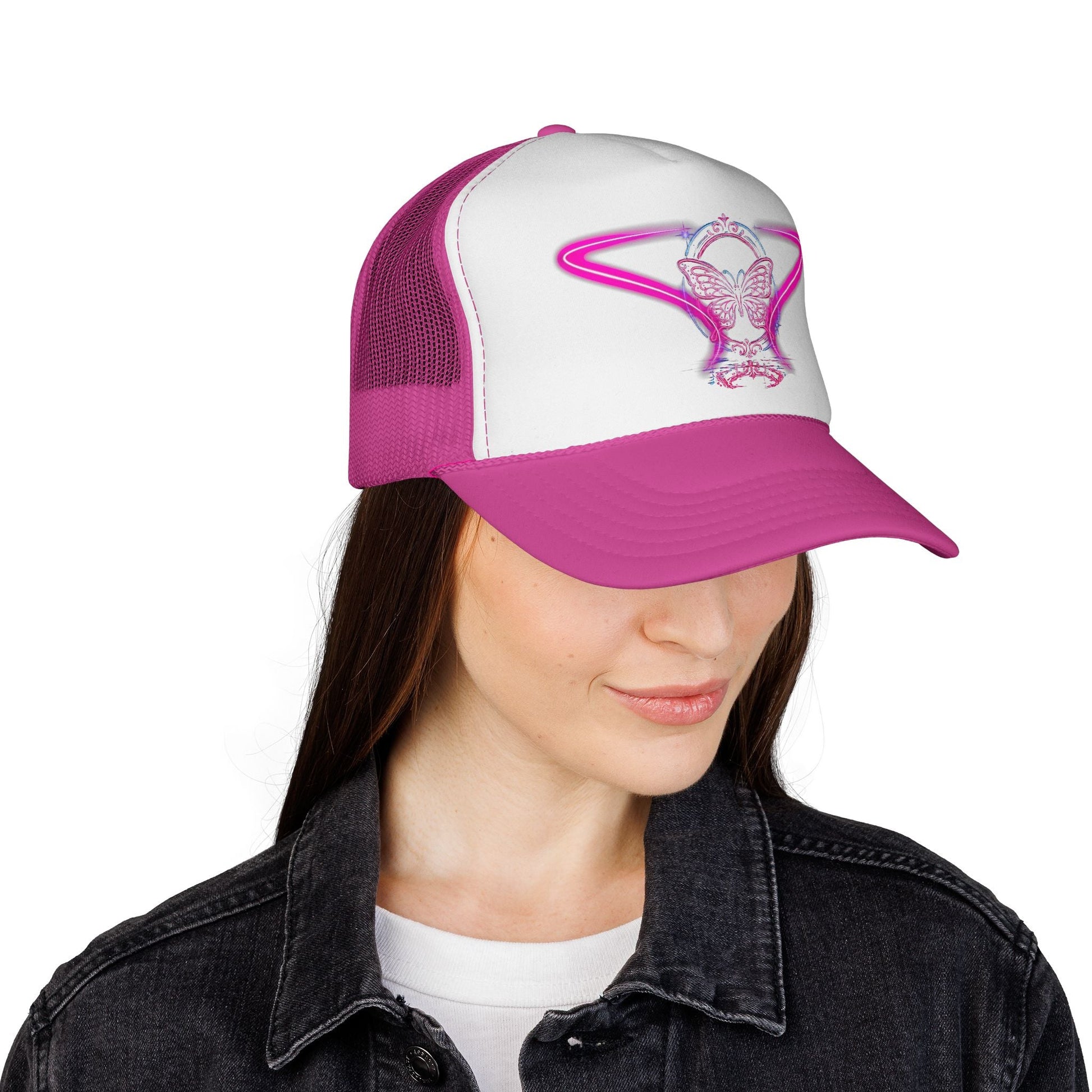 Neon Butterfly Trucker Cap, Retro Vaporwave Mesh Hat Printify