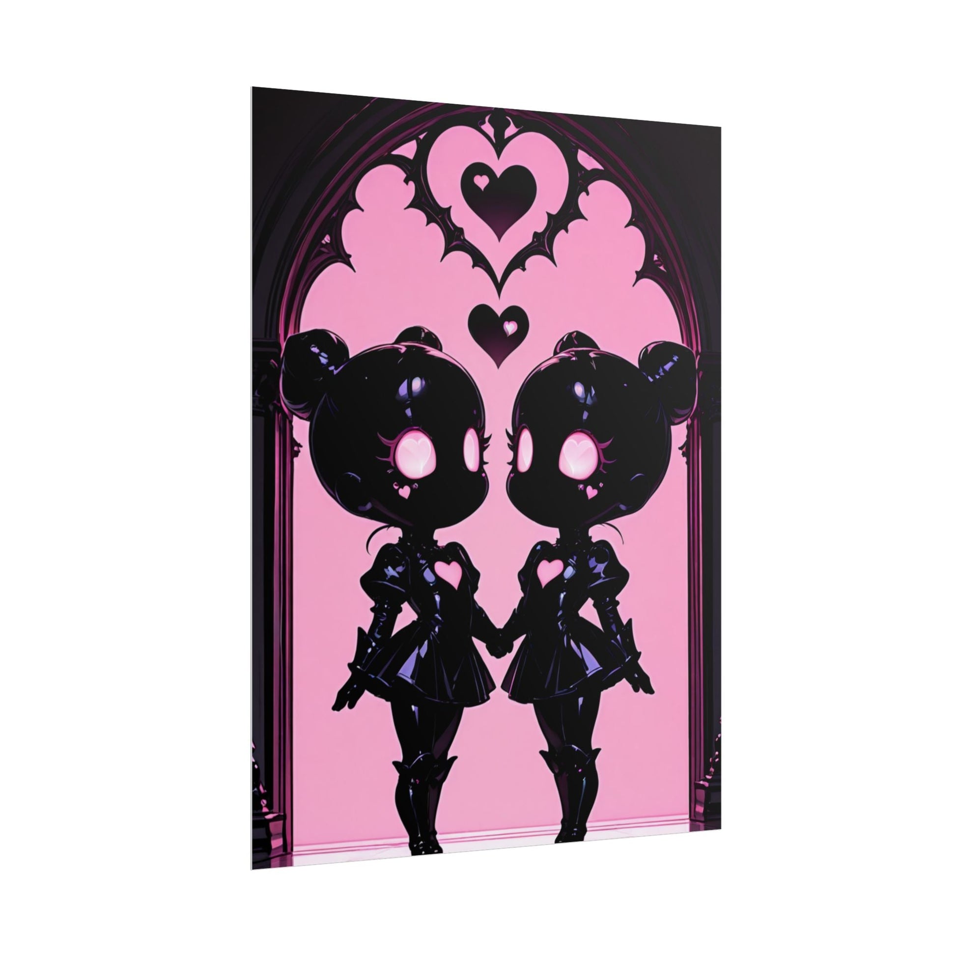 Rolled Poster, Gothic Kawaii Twin Dolls Pink Heart Art Print Printify