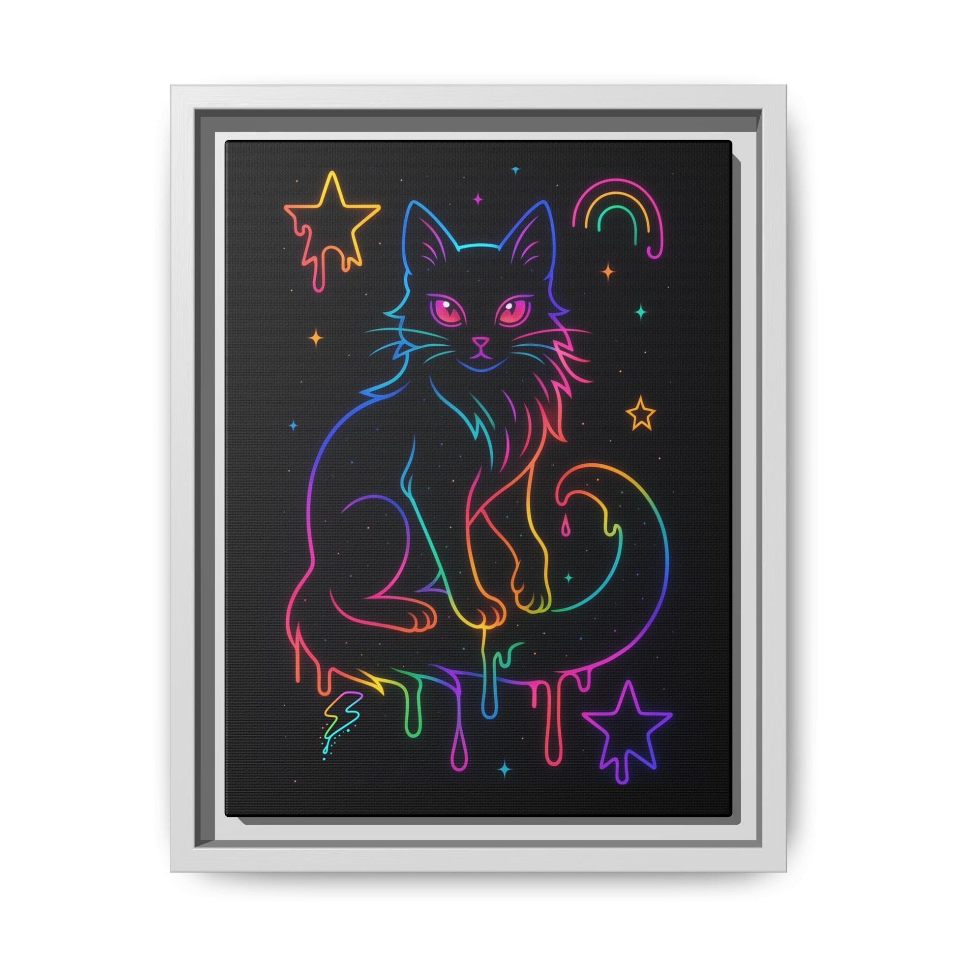 Neon Rainbow Cat Matte Canvas Framed | Dripping Stars Wall Art Printify