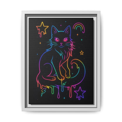 Neon Rainbow Cat Matte Canvas Framed | Dripping Stars Wall Art Printify