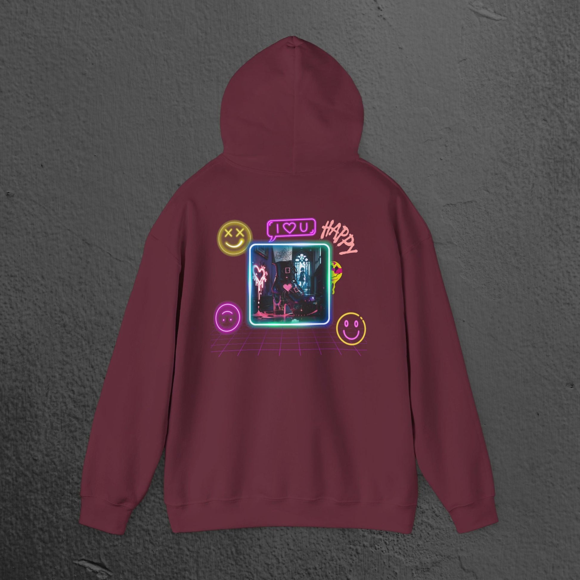 Neon Smiley Face Collage Hoodie Printify