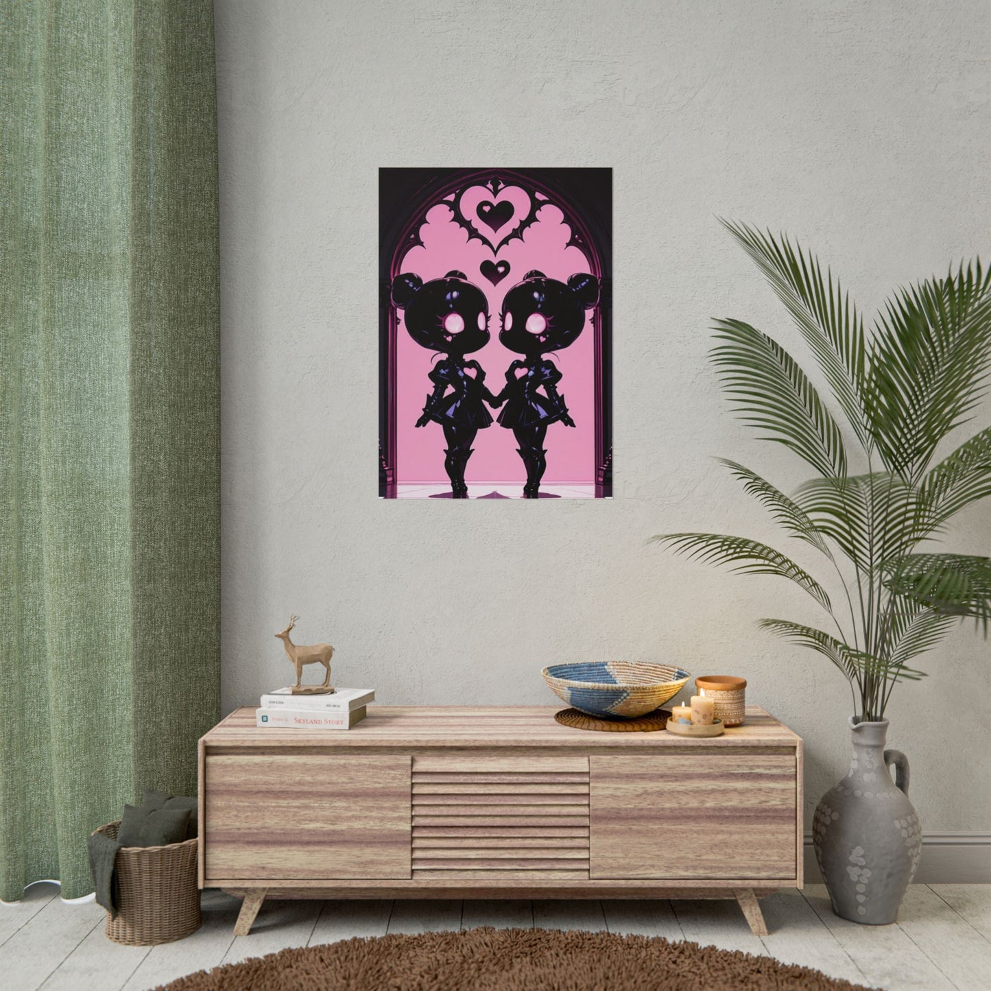 Rolled Poster, Gothic Kawaii Twin Dolls Pink Heart Art Print Printify