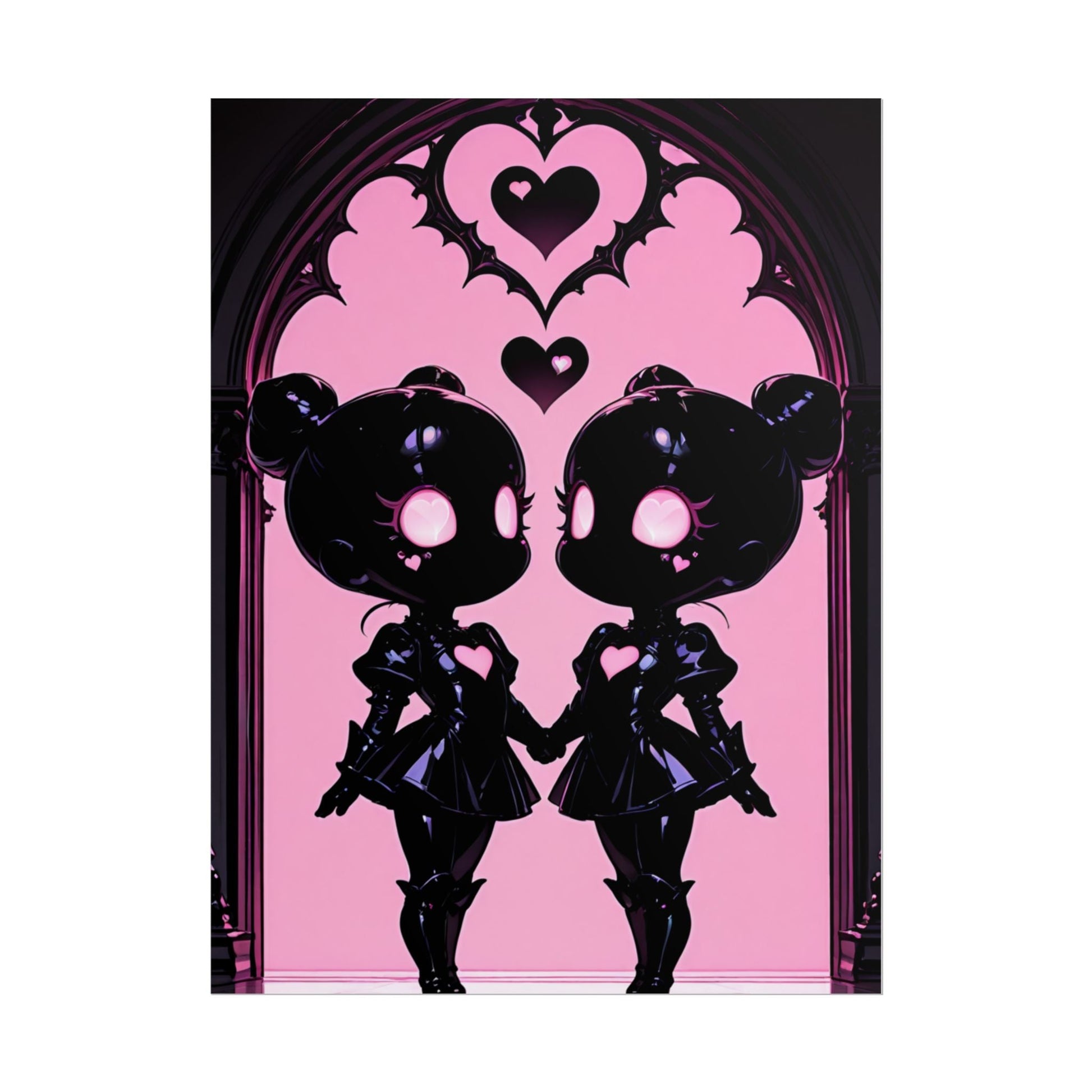 Rolled Poster, Gothic Kawaii Twin Dolls Pink Heart Art Print Printify