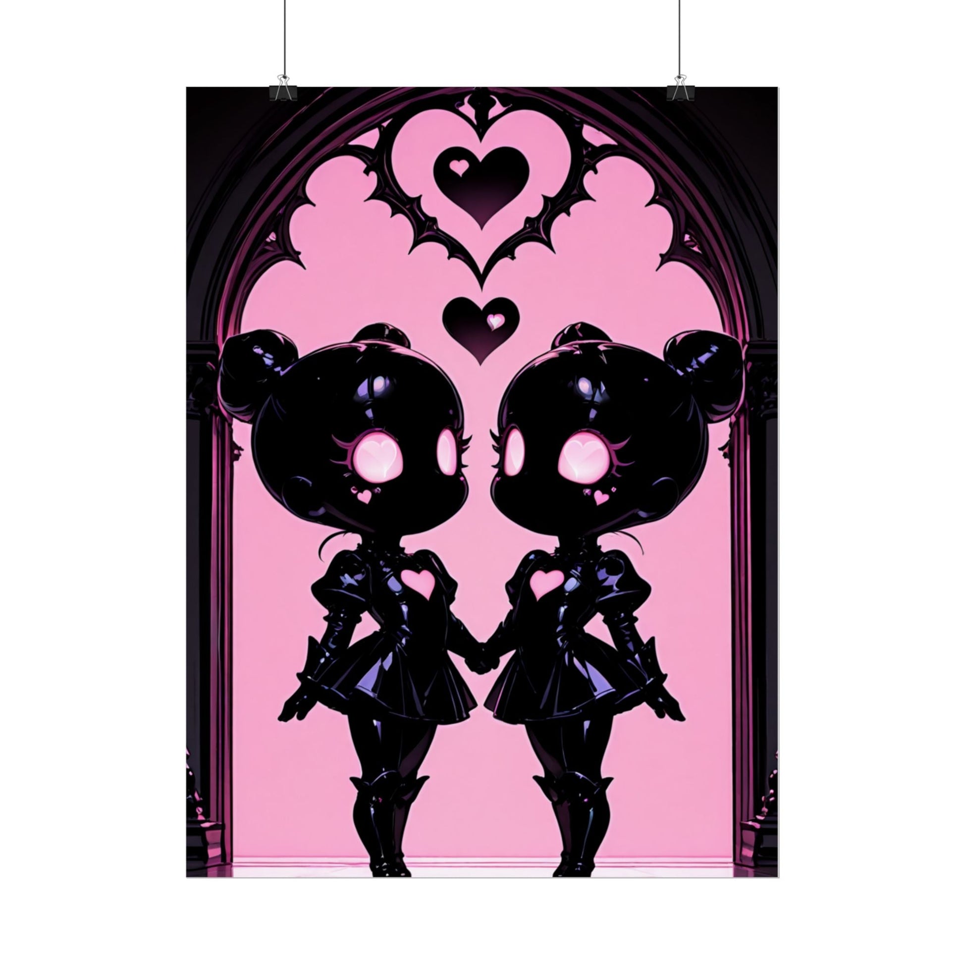 Rolled Poster, Gothic Kawaii Twin Dolls Pink Heart Art Print Printify