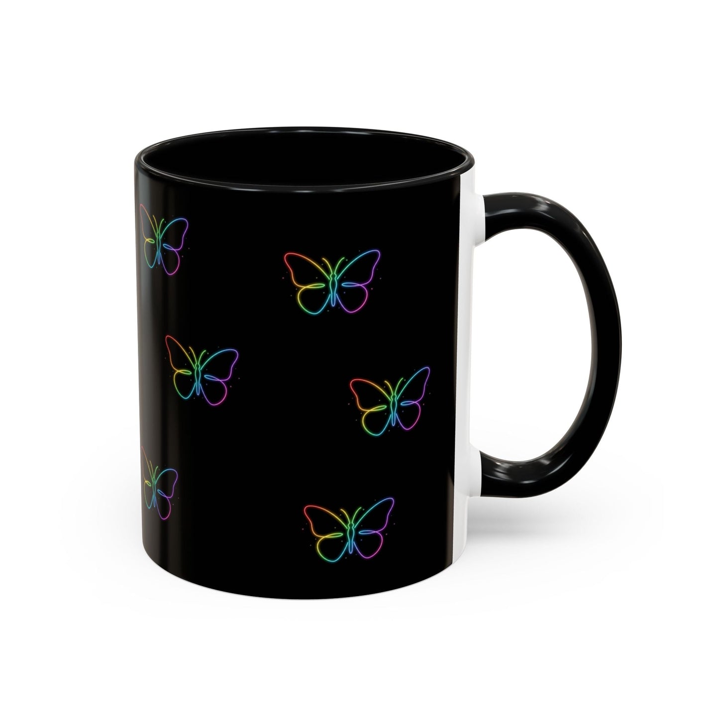 Rainbow Neon Butterfly Mug | Black Accent Coffee Mug Printify