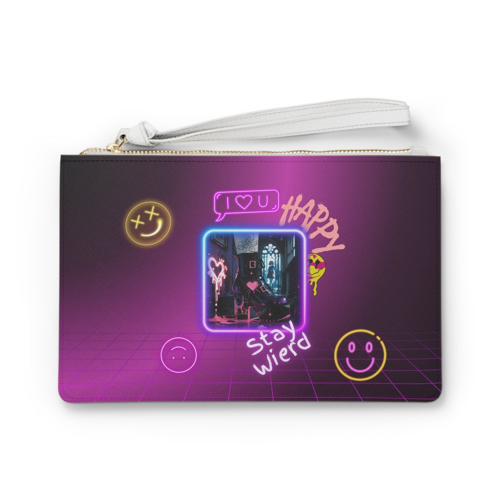 Neon Doodles Clutch Bag | Stay Weird, XOXO, Smiley Faces Printify