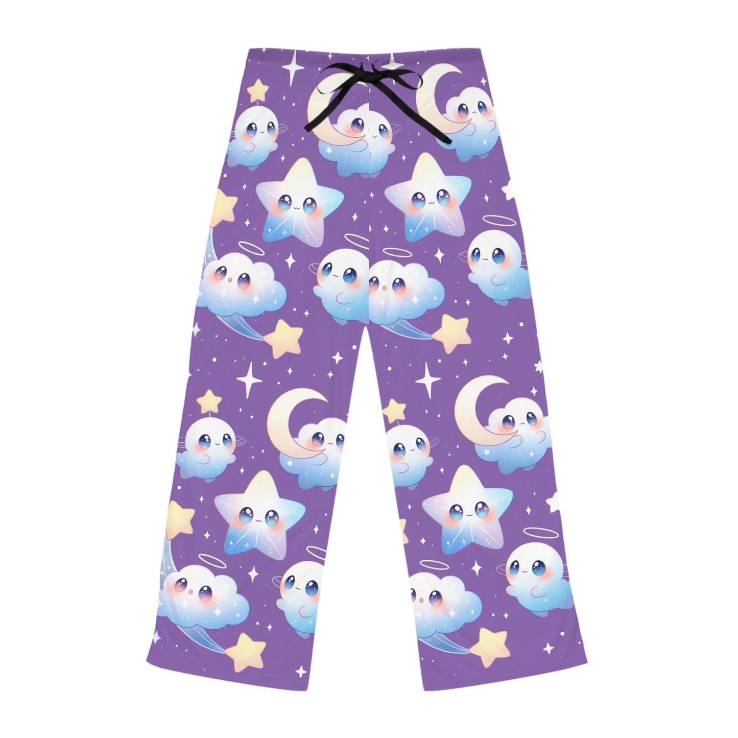 Kawaii Night Sky Women's Pajama Pants, Cute Stars, Moons & Clouds Lounge Sleepwear Printify