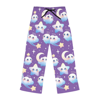 Kawaii Night Sky Women's Pajama Pants, Cute Stars, Moons & Clouds Lounge Sleepwear Printify