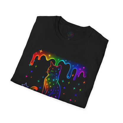 Neon Paint Kitty, Stars & Dripping Rainbow T-Shirt Printify