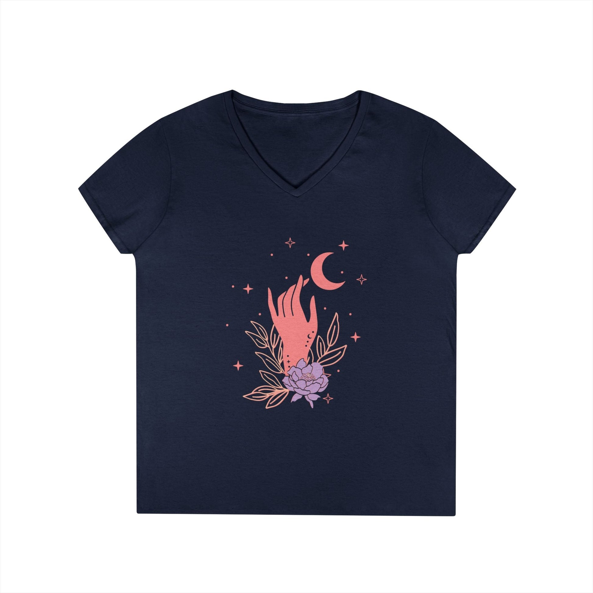 Mystical Floral Hand V-Neck Tee with Crescent Moon & Lavender Moonflower Illustration Printify
