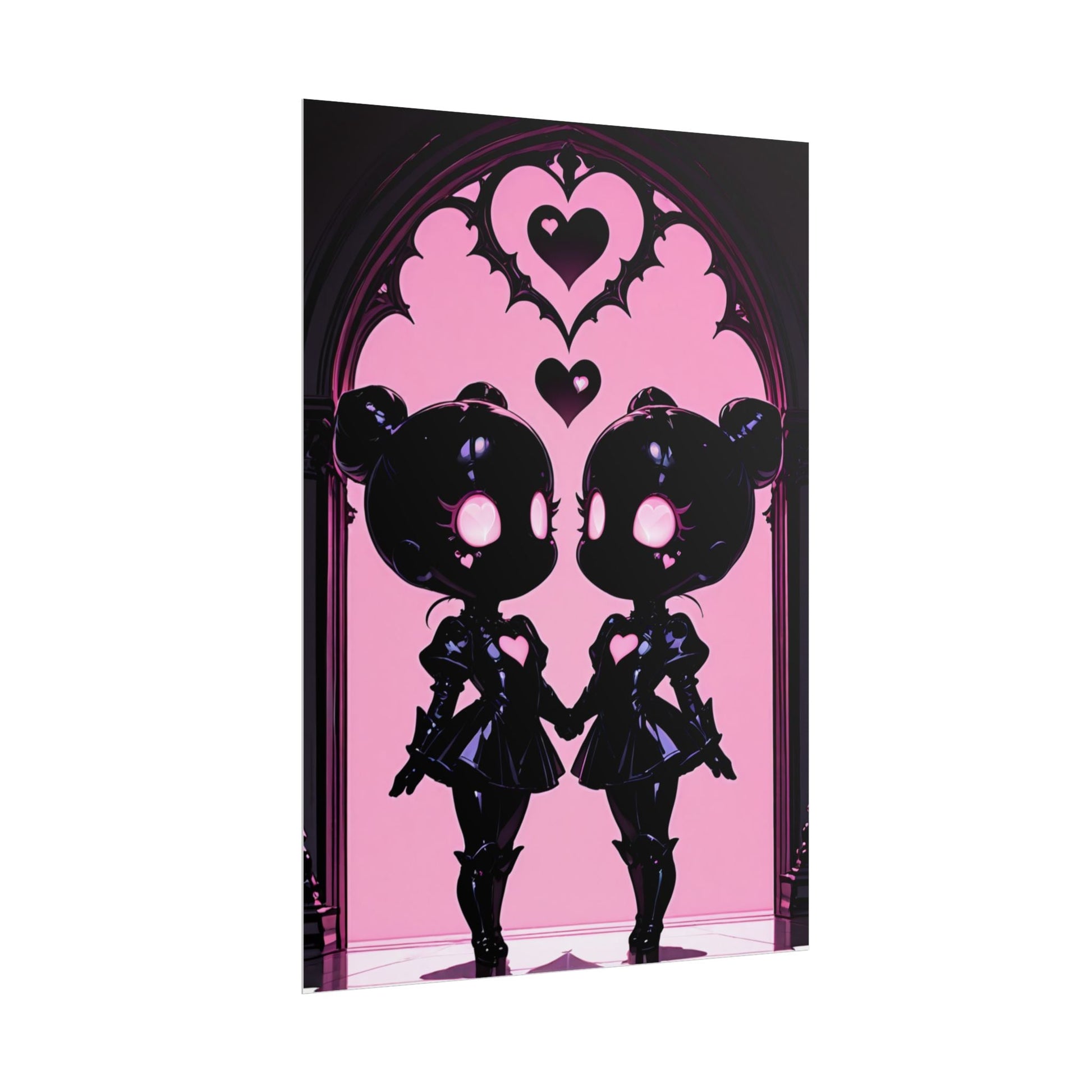 Rolled Poster, Gothic Kawaii Twin Dolls Pink Heart Art Print Printify