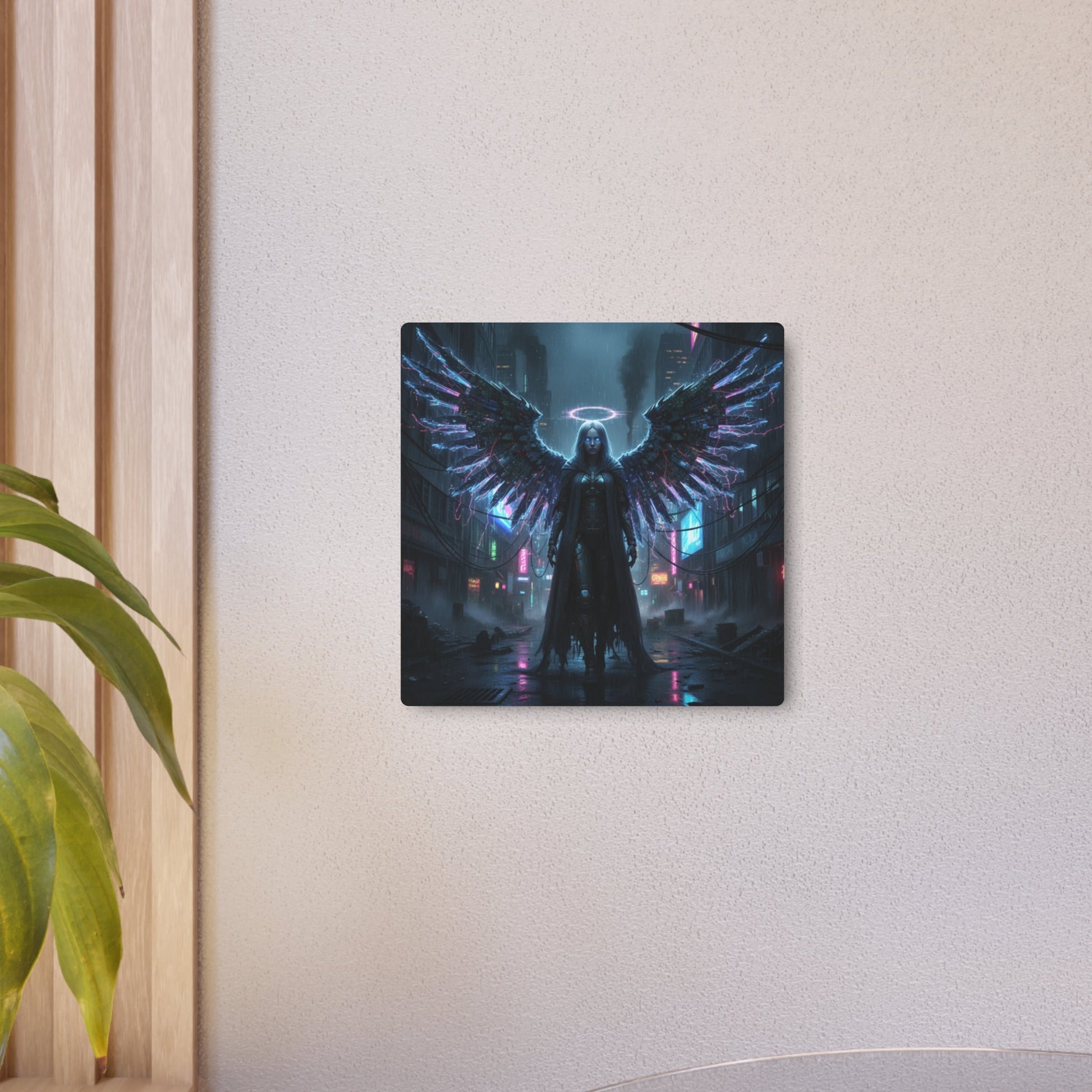Neon Fallen Angel Metal Art Sign | Cyberpunk Winged Figure Printify