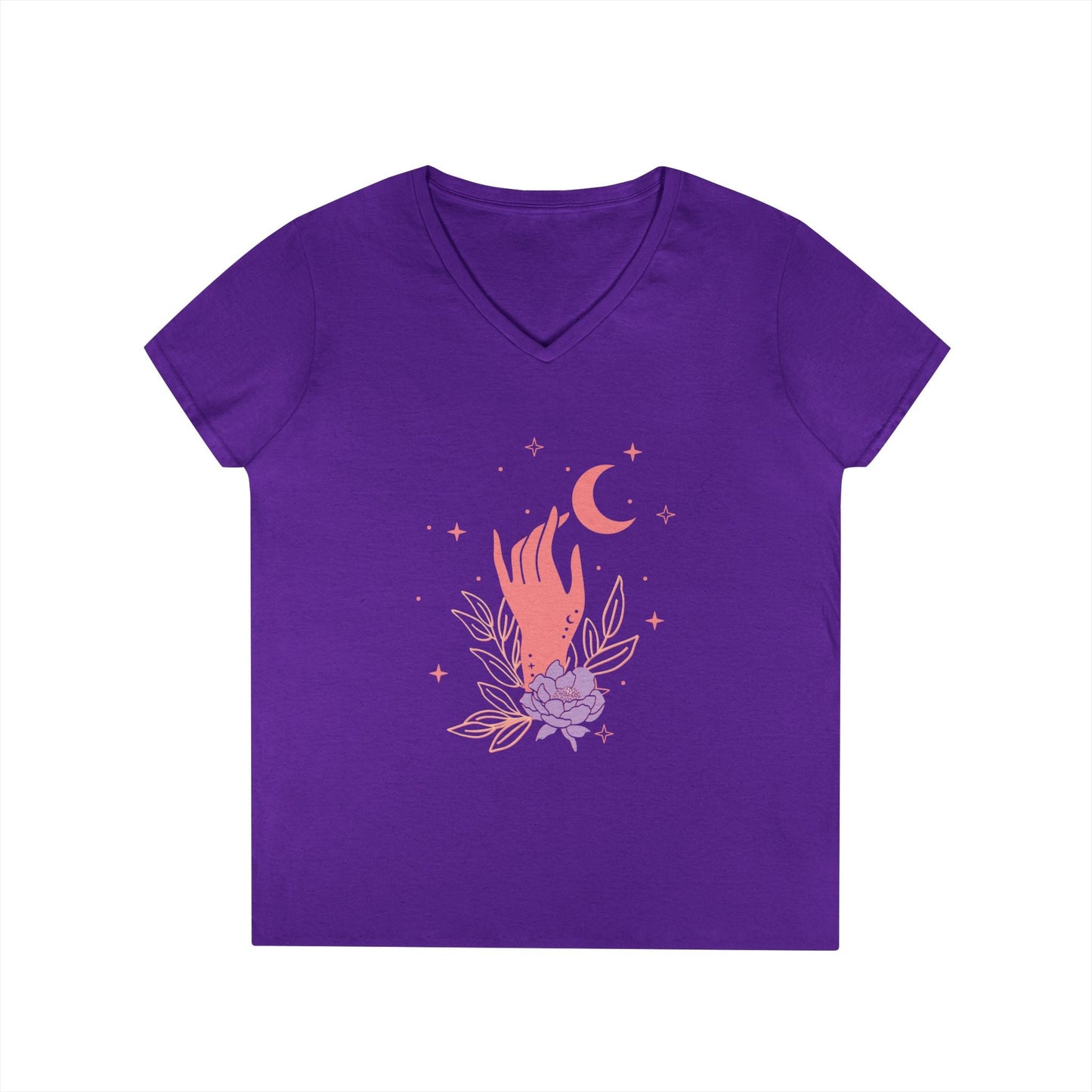 Mystical Floral Hand V-Neck Tee with Crescent Moon & Lavender Moonflower Illustration Printify