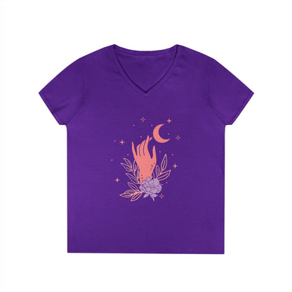 Mystical Floral Hand V-Neck Tee with Crescent Moon & Lavender Moonflower Illustration Printify