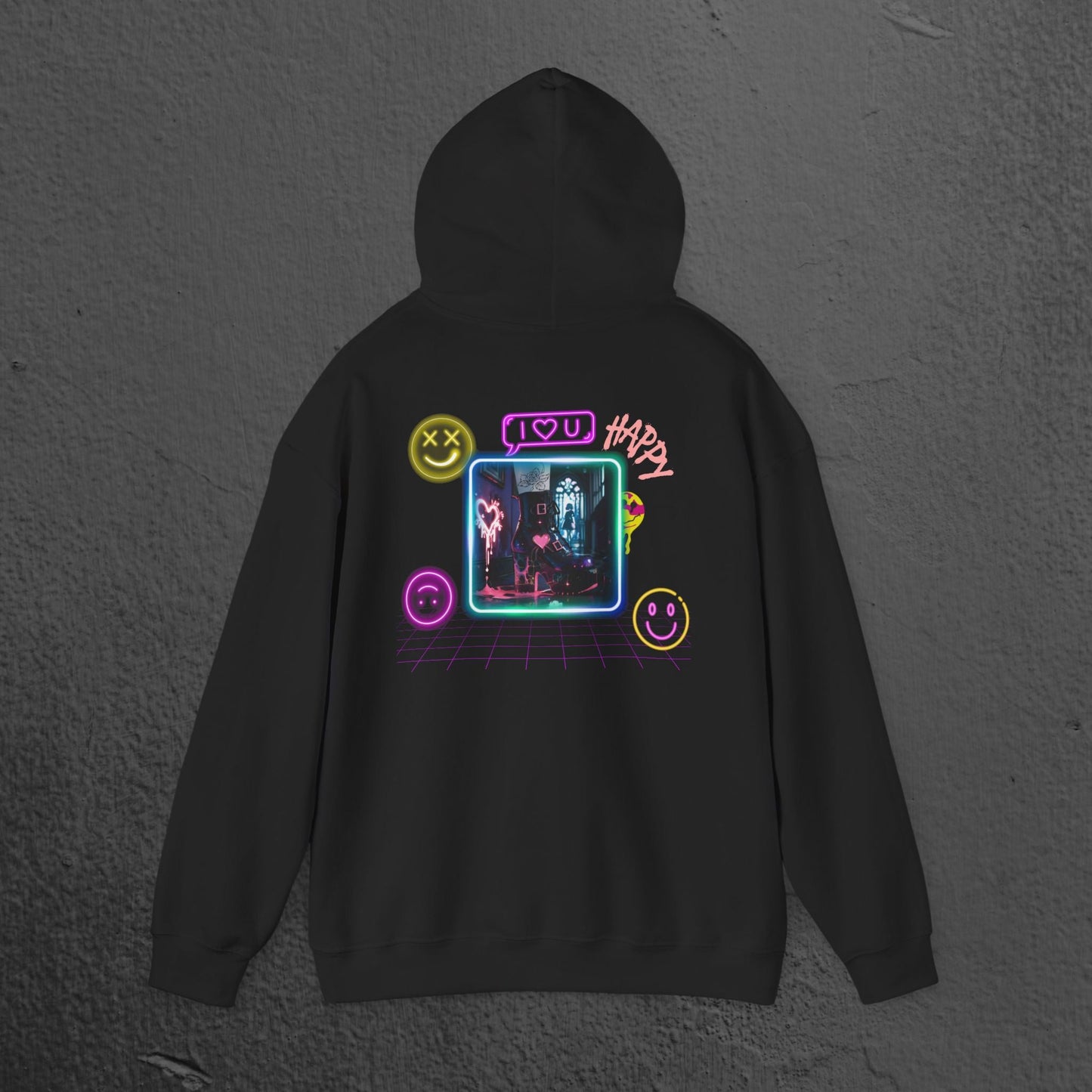 Neon Smiley Face Collage Hoodie Printify