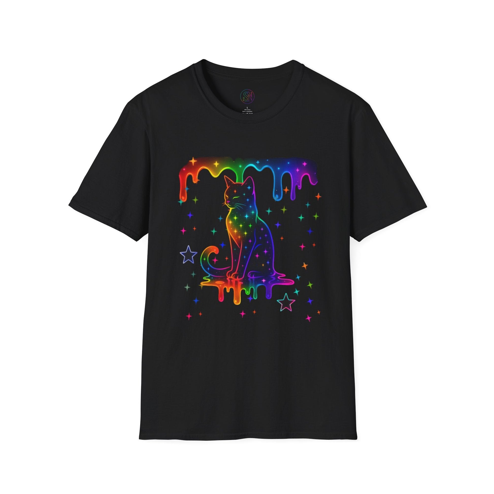 Neon Paint Kitty, Stars & Dripping Rainbow T-Shirt Printify
