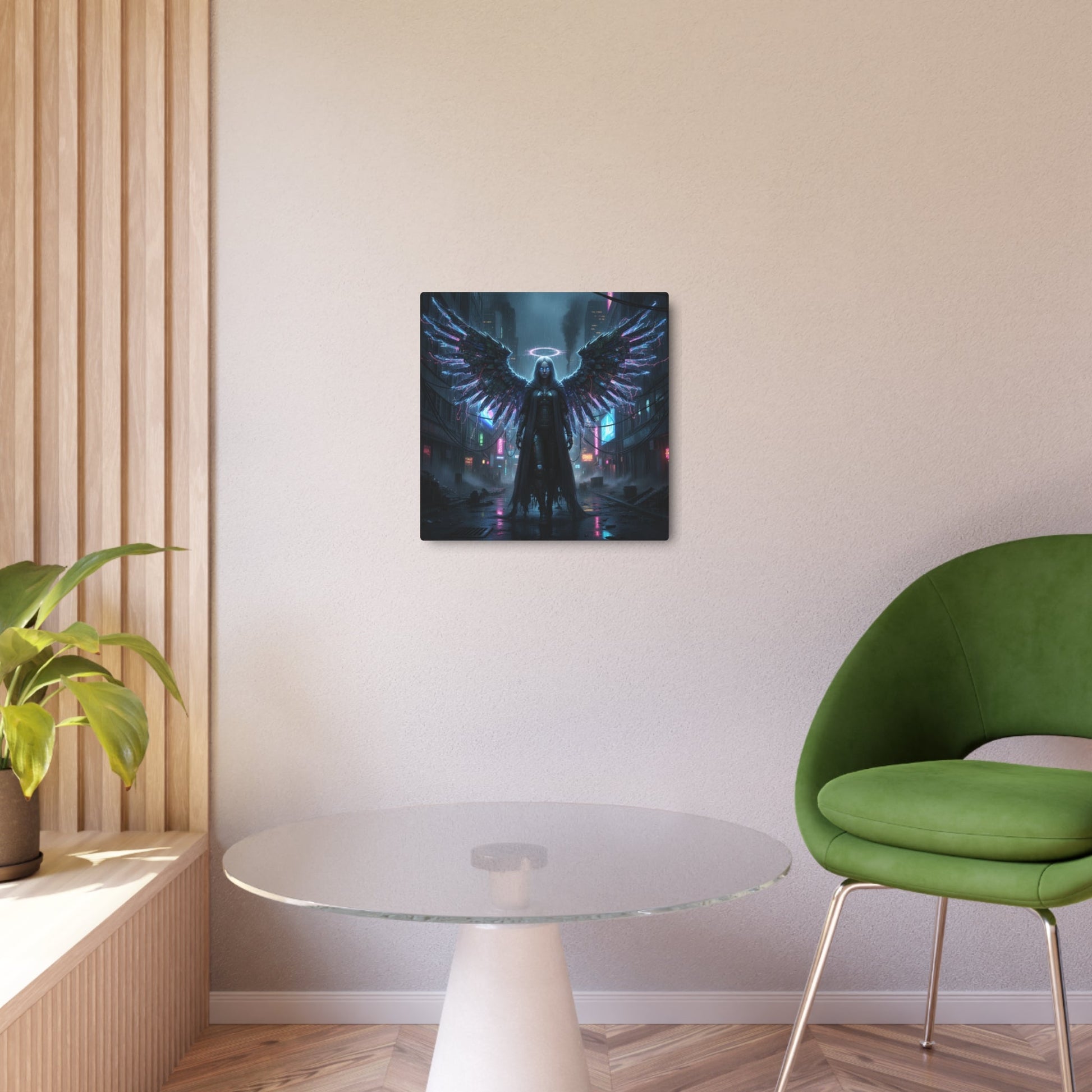 Neon Fallen Angel Metal Art Sign | Cyberpunk Winged Figure Printify