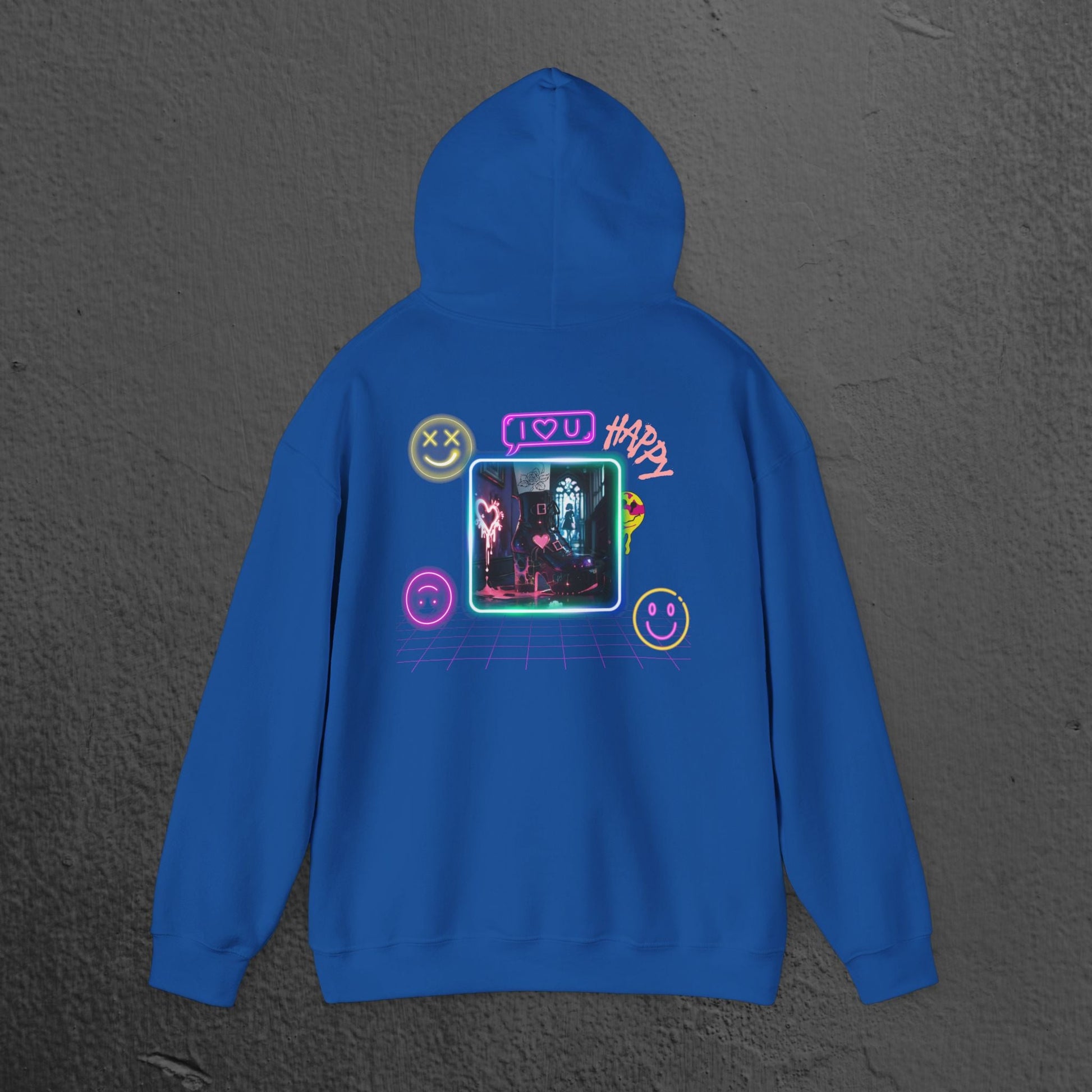 Neon Smiley Face Collage Hoodie Printify