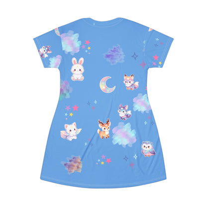 Cute Pastel Animals T-Shirt Dress | Bunny Fox Owl Moon Stars Printify