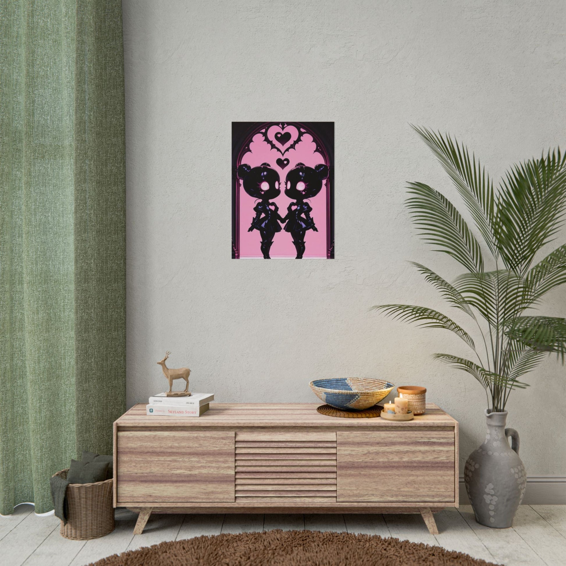 Rolled Poster, Gothic Kawaii Twin Dolls Pink Heart Art Print Printify