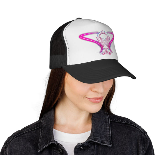 Neon Butterfly Trucker Cap, Retro Vaporwave Mesh Hat Printify