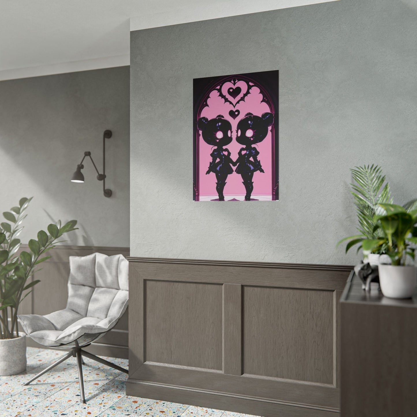 Rolled Poster, Gothic Kawaii Twin Dolls Pink Heart Art Print Printify