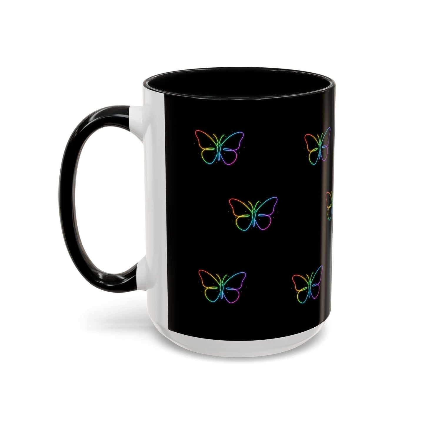 Rainbow Neon Butterfly Mug | Black Accent Coffee Mug Printify