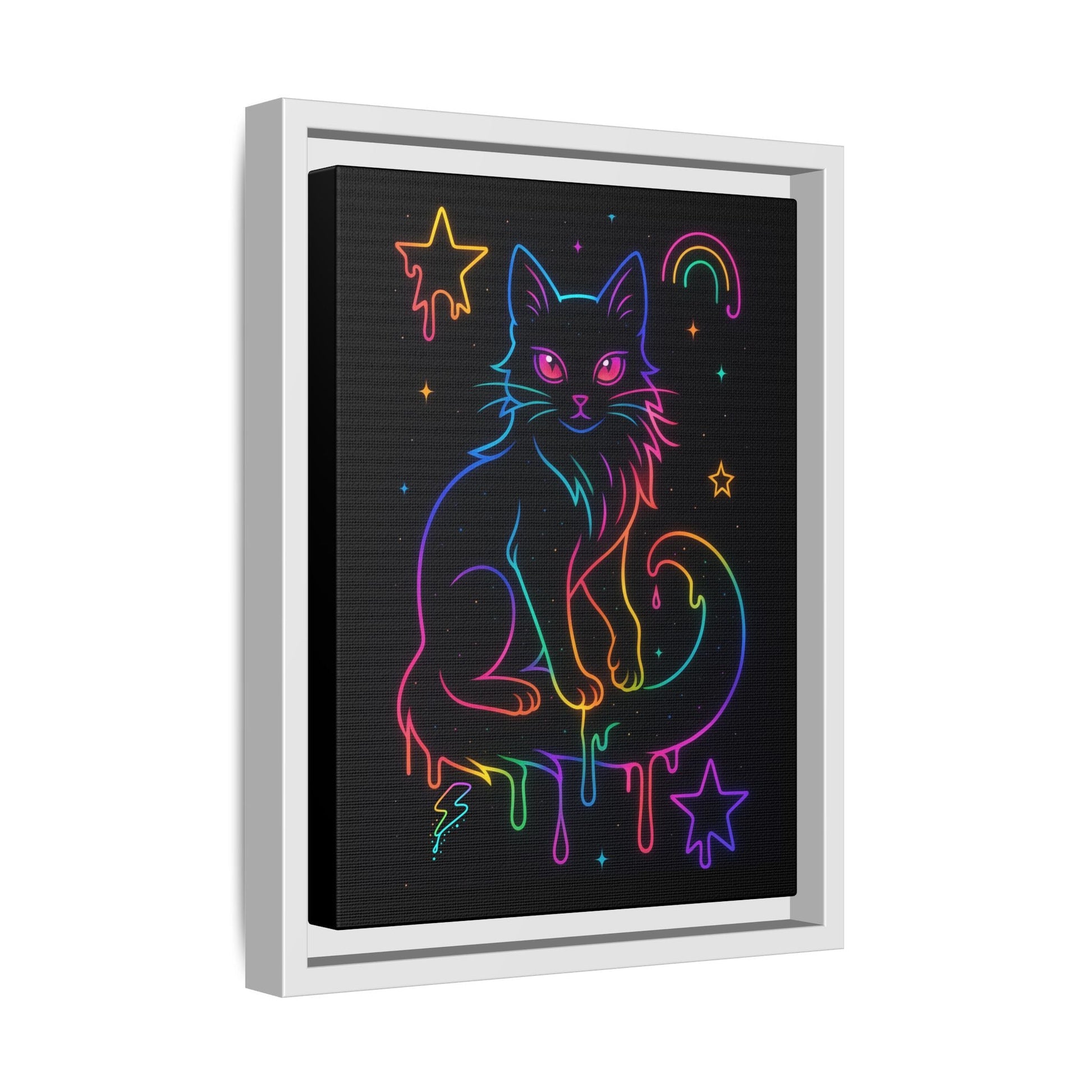 Neon Rainbow Cat Matte Canvas Framed | Dripping Stars Wall Art Printify