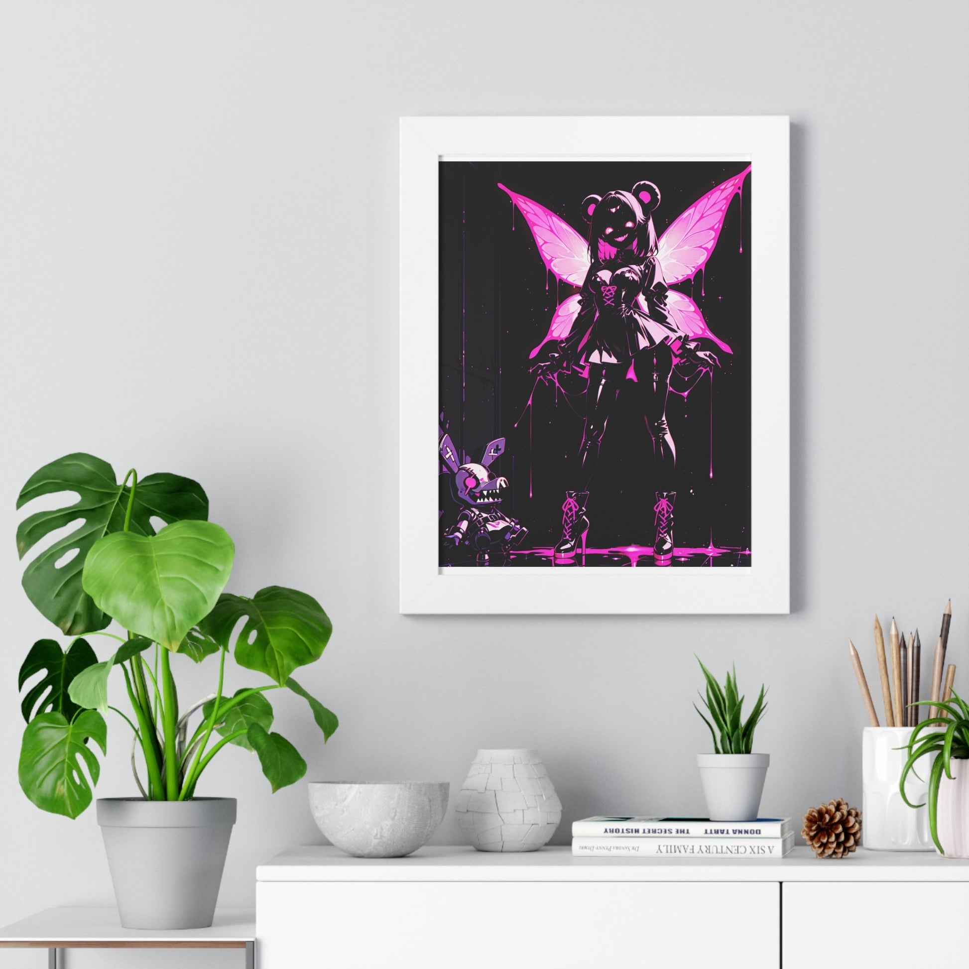 Framed Poster, Neon Pink Fairy Girl Art Print, Dark Vaporwave Wall Decor Printify
