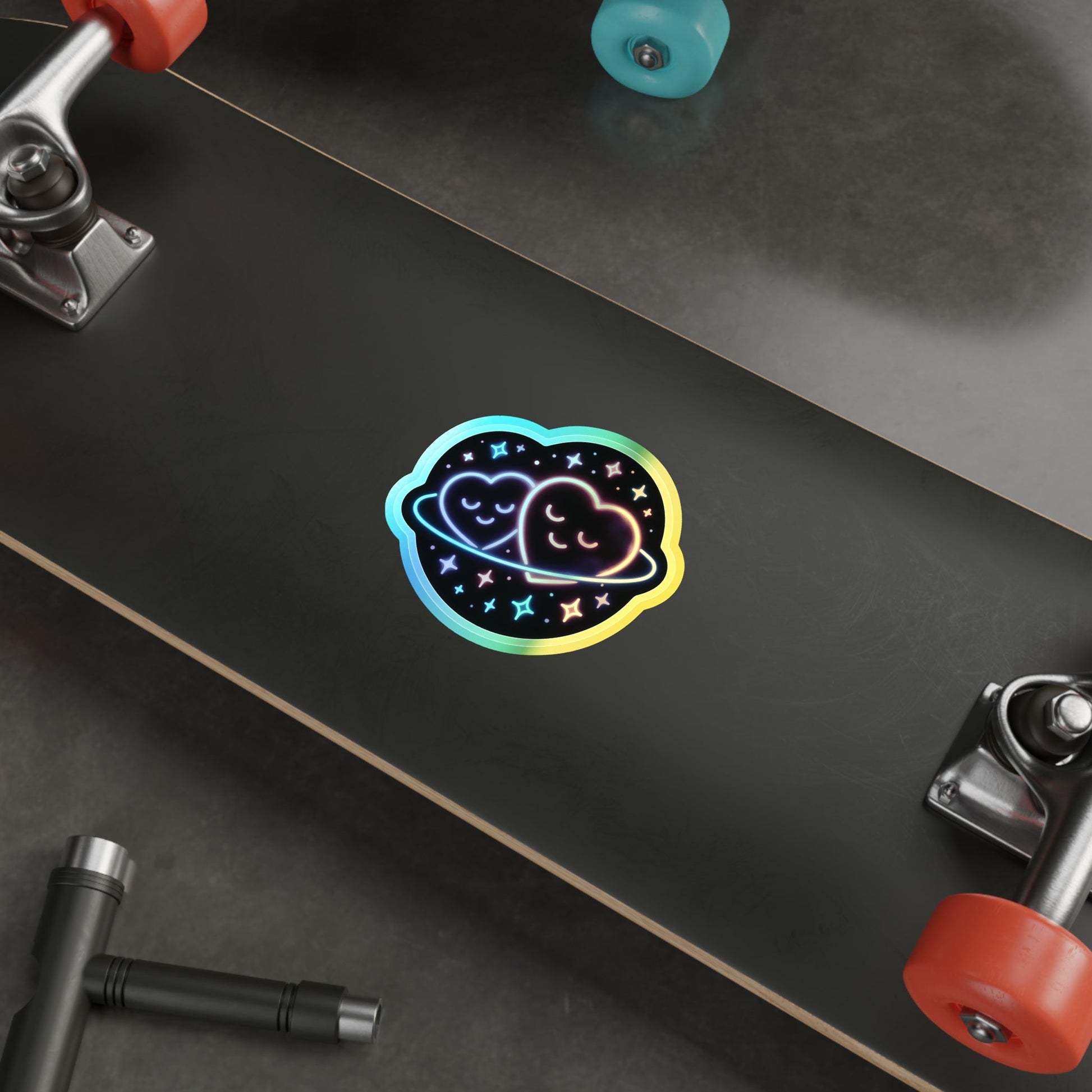Holographic Heart Planet Die-Cut Sticker, Cute Space Neon Vinyl Sticker Printify