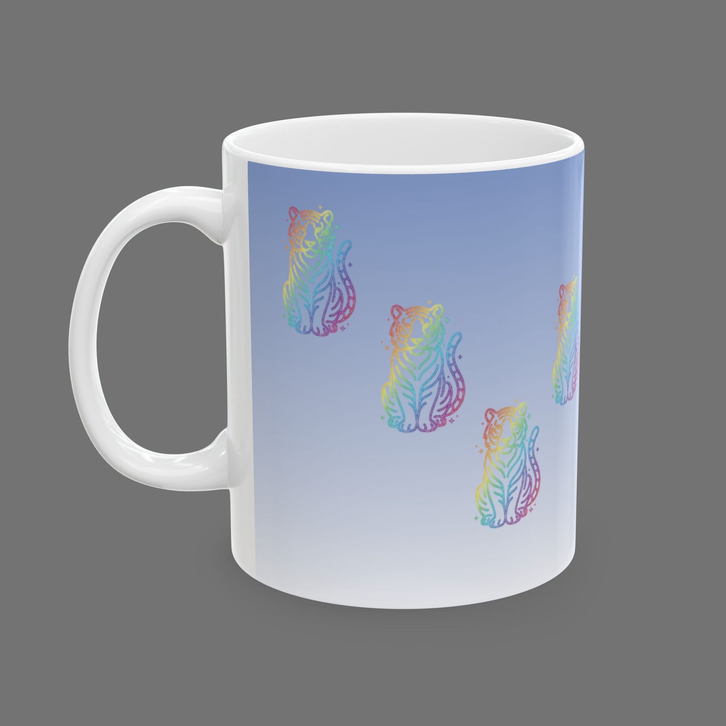 Rainbow Tiger Pattern Mug | Gradient Blue Background, Ceramic Coffee Cup Printify