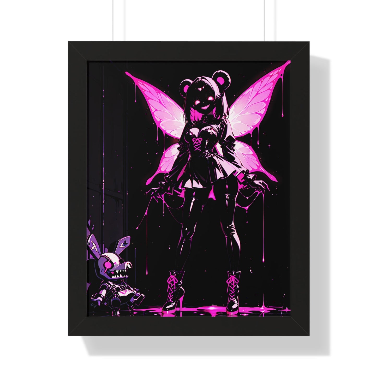 Framed Poster, Neon Pink Fairy Girl Art Print, Dark Vaporwave Wall Decor Printify