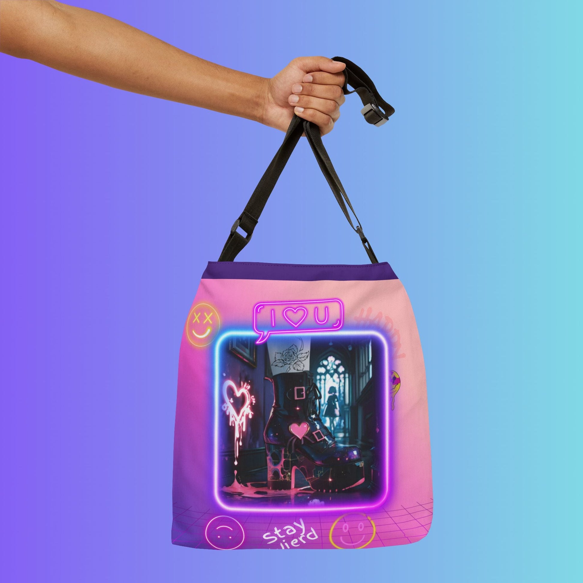 Neon Aesthetic Graphic Adjustable Tote Bag | Vaporwave Crown Stars Love Icons Printify