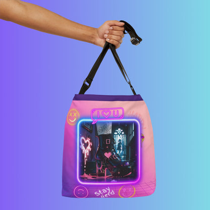 Neon Aesthetic Graphic Adjustable Tote Bag | Vaporwave Crown Stars Love Icons Printify