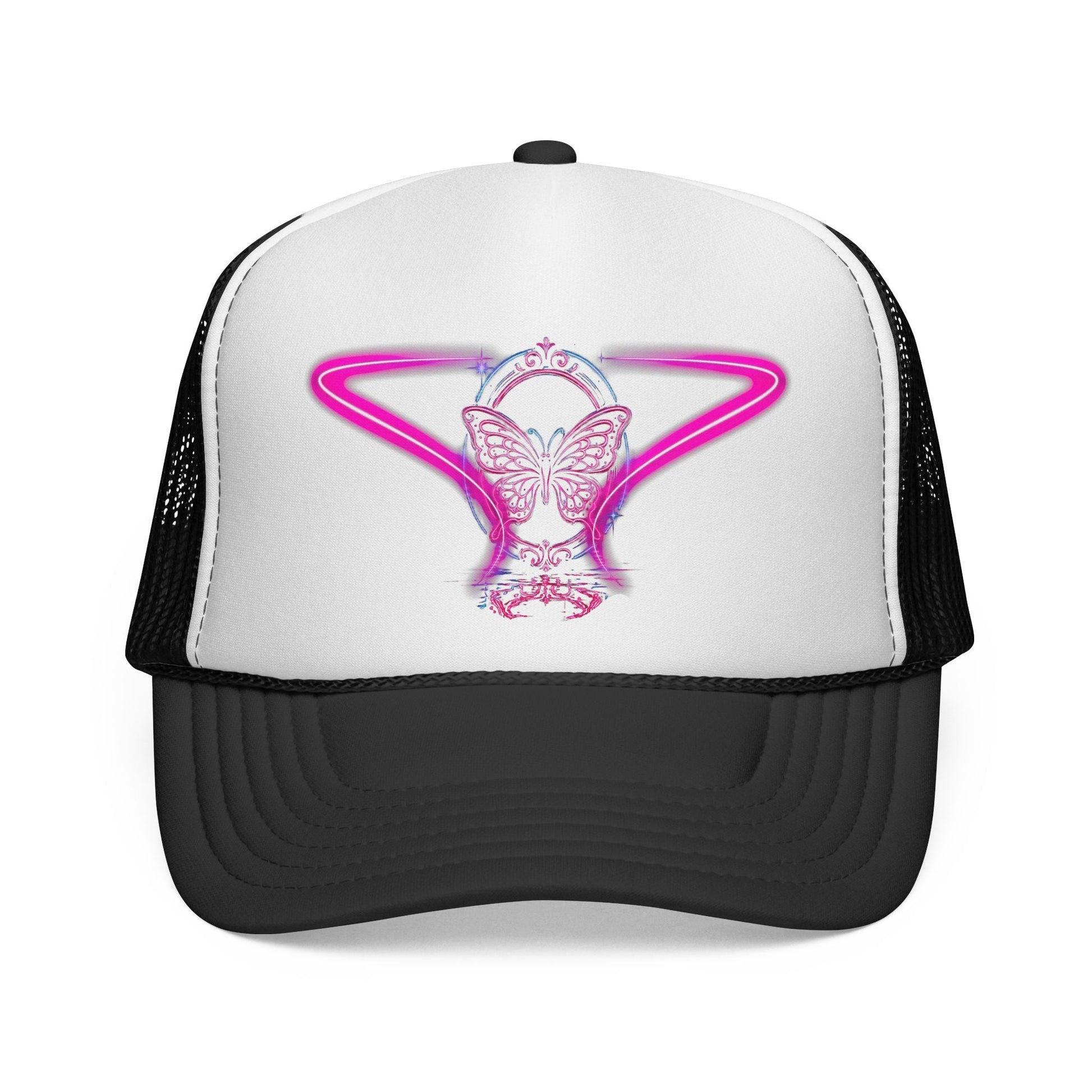 Neon Butterfly Trucker Cap, Retro Vaporwave Mesh Hat Printify