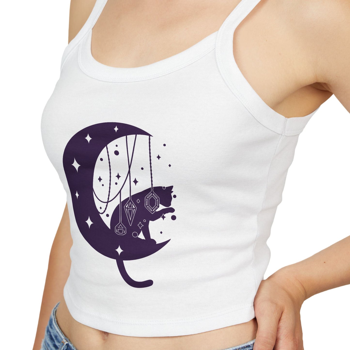 Moon Cat Crop Tank Top, Playful Night Sky Graphic Spaghetti Strap Printify