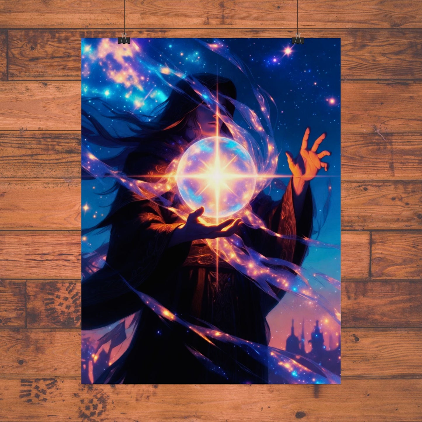Mystic Sorcerer Poster, Stellar Magic Fantasy Wall Art Printify
