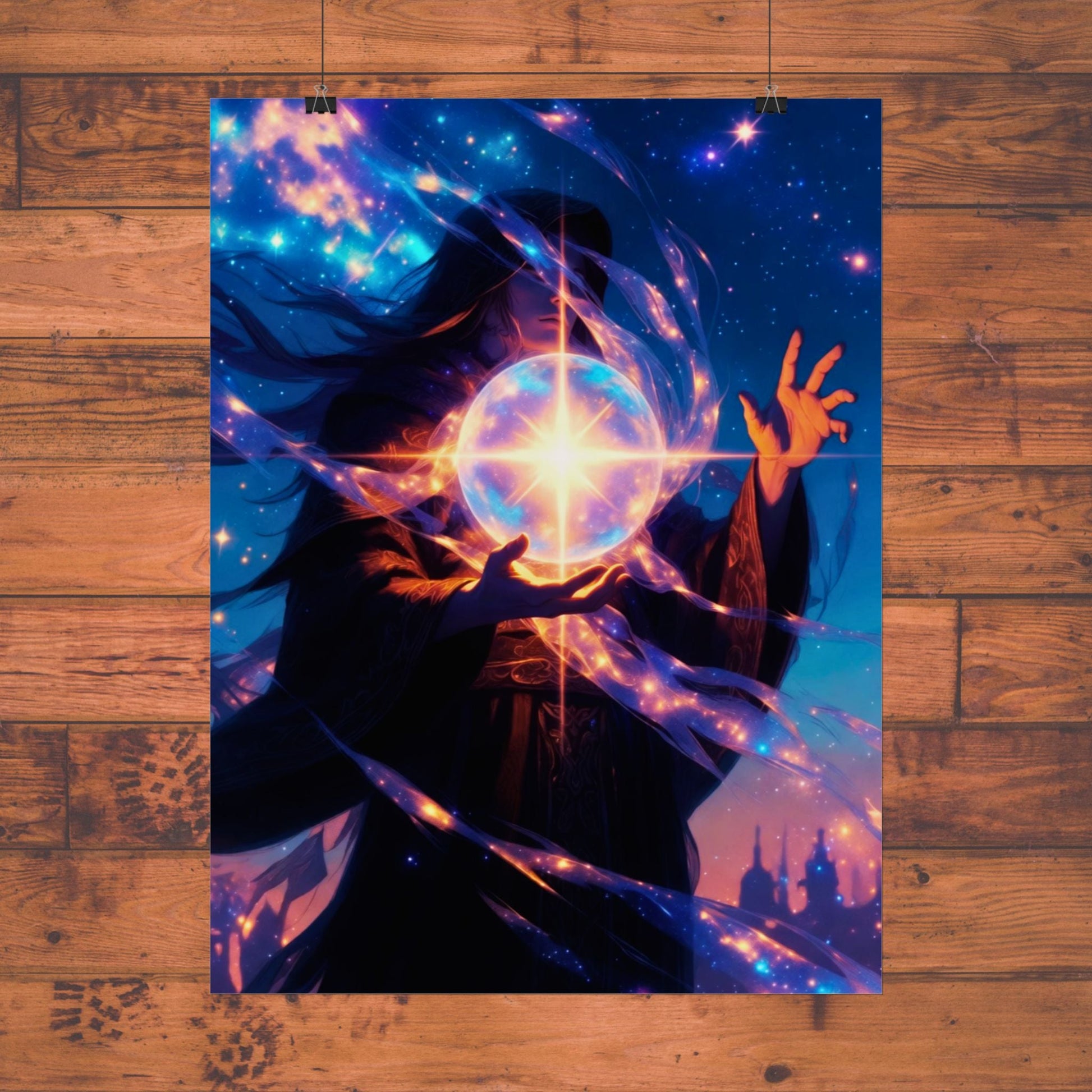 Mystic Sorcerer Poster, Stellar Magic Fantasy Wall Art Printify