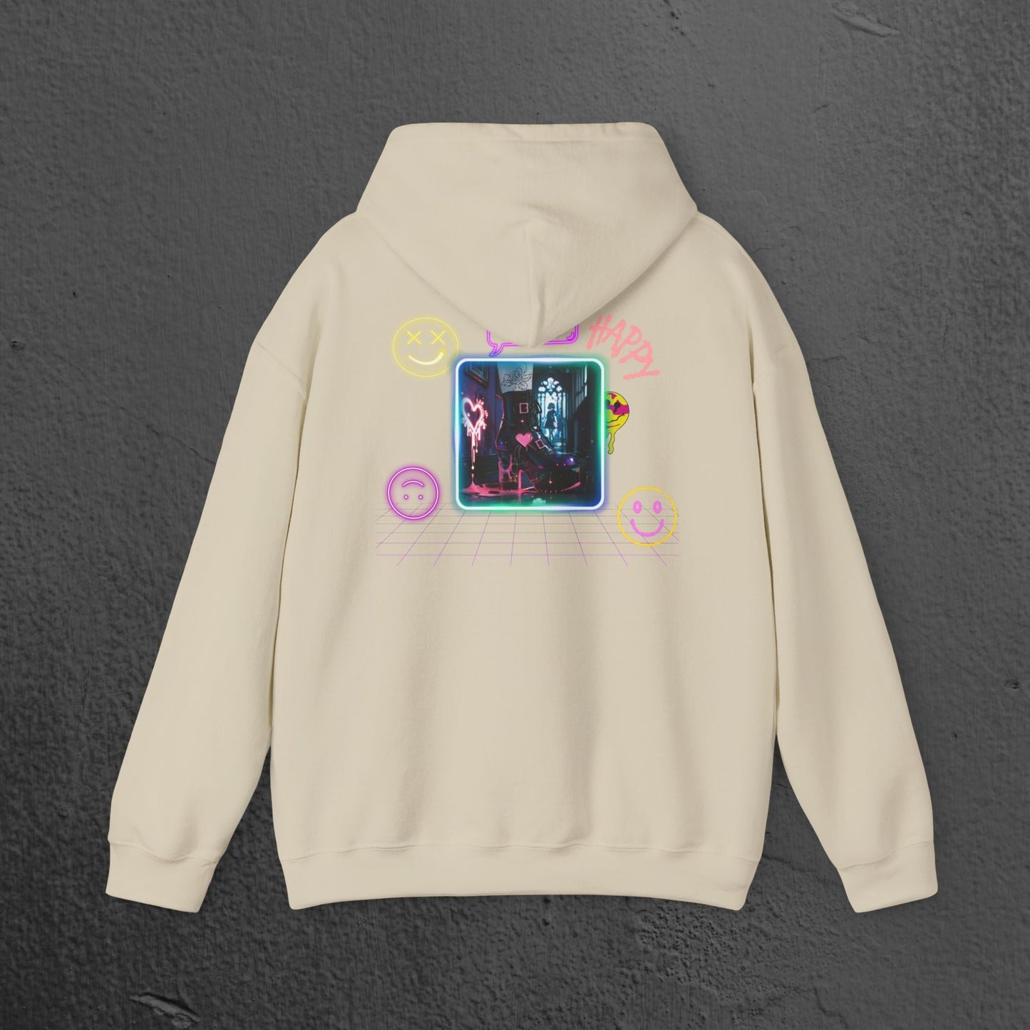 Neon Smiley Face Collage Hoodie Printify