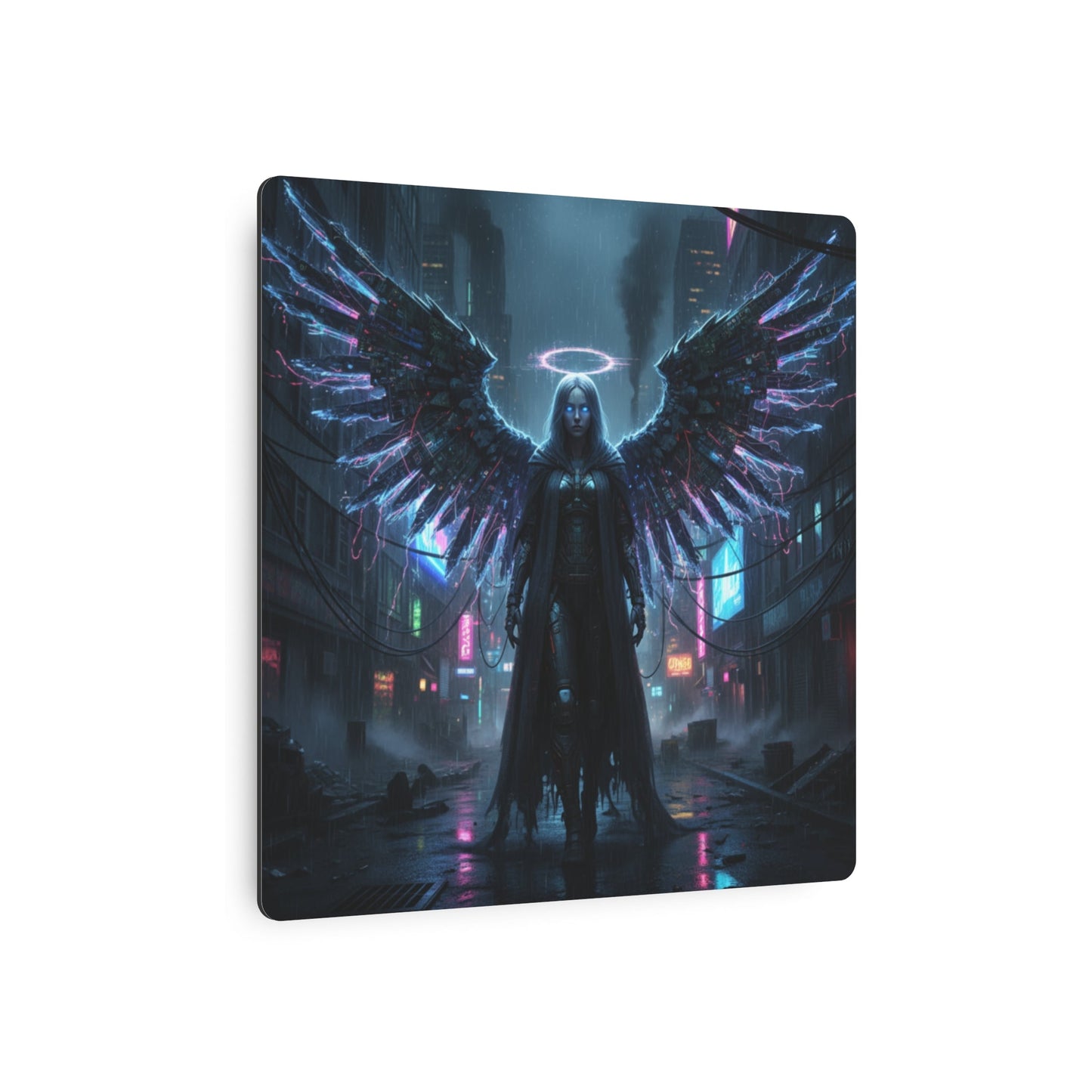 Neon Fallen Angel Metal Art Sign | Cyberpunk Winged Figure Printify