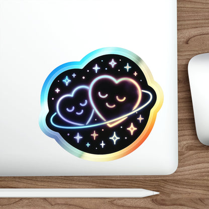 Holographic Heart Planet Die-Cut Sticker, Cute Space Neon Vinyl Sticker Printify